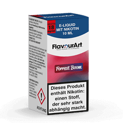 E-Liquid Flavour Forest Boom in 10 ml Verpackung, mit 18 mg/ml Nikotin, für E-Zigaretten.