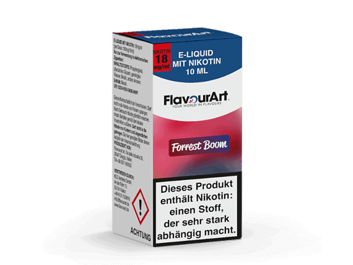E-Liquid Flavour Forest Boom in 10 ml Verpackung, mit 18 mg/ml Nikotin, für E-Zigaretten.