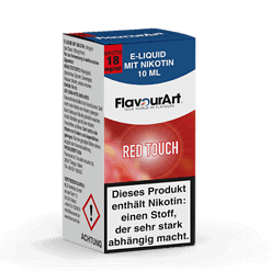 Verpackungsbild eines E-Liquids mit Nikotin, 10 ml, rotes Design, aufmerksamkeitsstarker Warnhinweis, für E-Zigaretten geeignet.