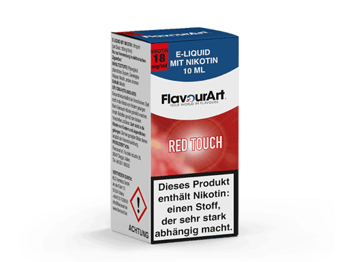 Verpackungsbild eines E-Liquids mit Nikotin, 10 ml, rotes Design, aufmerksamkeitsstarker Warnhinweis, für E-Zigaretten geeignet.
