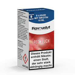 E-Liquid Flavour Red Touch in 10ml Flasche, nikotinhaltig, für E-Zigaretten, intensives Rot-Design.