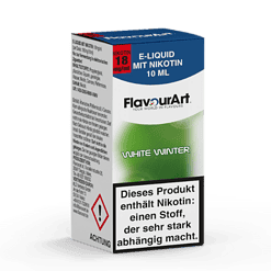 Aromatisiertes E-Liquid mit Nikotin, 10 ml, Verpackung im grünen und blauen Design, für E-Zigaretten.