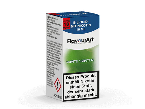 Aromatisiertes E-Liquid mit Nikotin, 10 ml, Verpackung im grünen und blauen Design, für E-Zigaretten.