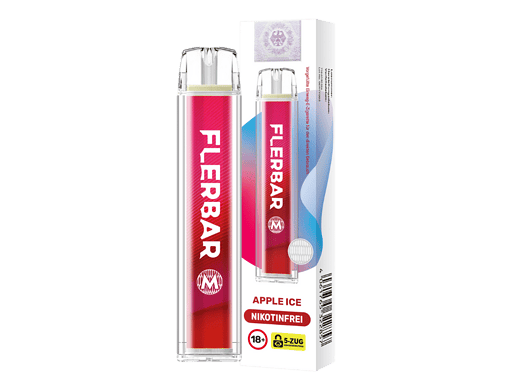 Lehrreiches Image eines Flavourbars mit Joule-Design, pinkem Etikett und Verpackung, ideal für nikotinfreie E-Zigaretten, Apple Ice Geschmack, für Erwachsene ab 18 Jahren.