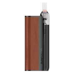 Leichter, tragbarer Vape mit braunem Holzdesign und schwarzem Akku, ideal für unterwegs.