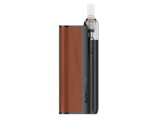Leichter, tragbarer Vape mit braunem Holzdesign und schwarzem Akku, ideal für unterwegs.
