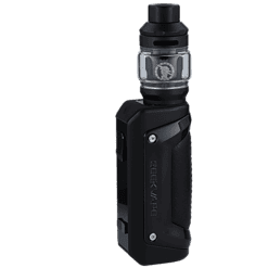 Moderner Vape mit schwarzem Design, klarer Tank für E-Liquid, kompakte Bauweise, ideal für Dampfer, hochwertige Verarbeitung, ergonomisch geformt, für intensive Dampferlebnisse, stilvoll und funktional.