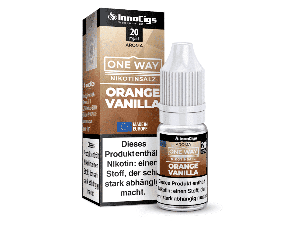 InnoCigs - One Way - Orange Vanilla - Nikotinsalz Liquid 1 InnoCigs Nikotinsalz One Way Orange Vanille, 20 mg/ml, 10 ml Flasche.
