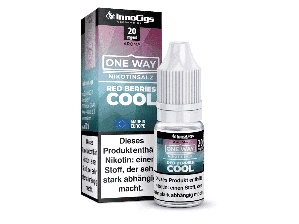 InnoCigs - One Way - Red Berries Cool - Nikotinsalz Liquid 1 Hochwertiges E-Liquid InnoCigs One Way Nikotinsalz, 20 mg/ml, in Geschmack Red Berries Cool, für E-Zigaretten, Made in Europe, bequemes Verneblungspaar, ideal für Dampfer, Geschmackskombination aus roten Beeren und Menthol.