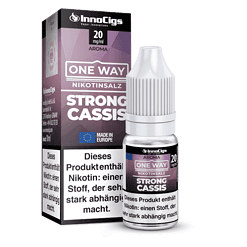Flasche und Verpackung des InnoCigs Strong Cassis Nikotinsalzes, E-Liquid für E-Zigaretten, Schwarz und Lila Design, 20 mg/ml, Made in Europe.