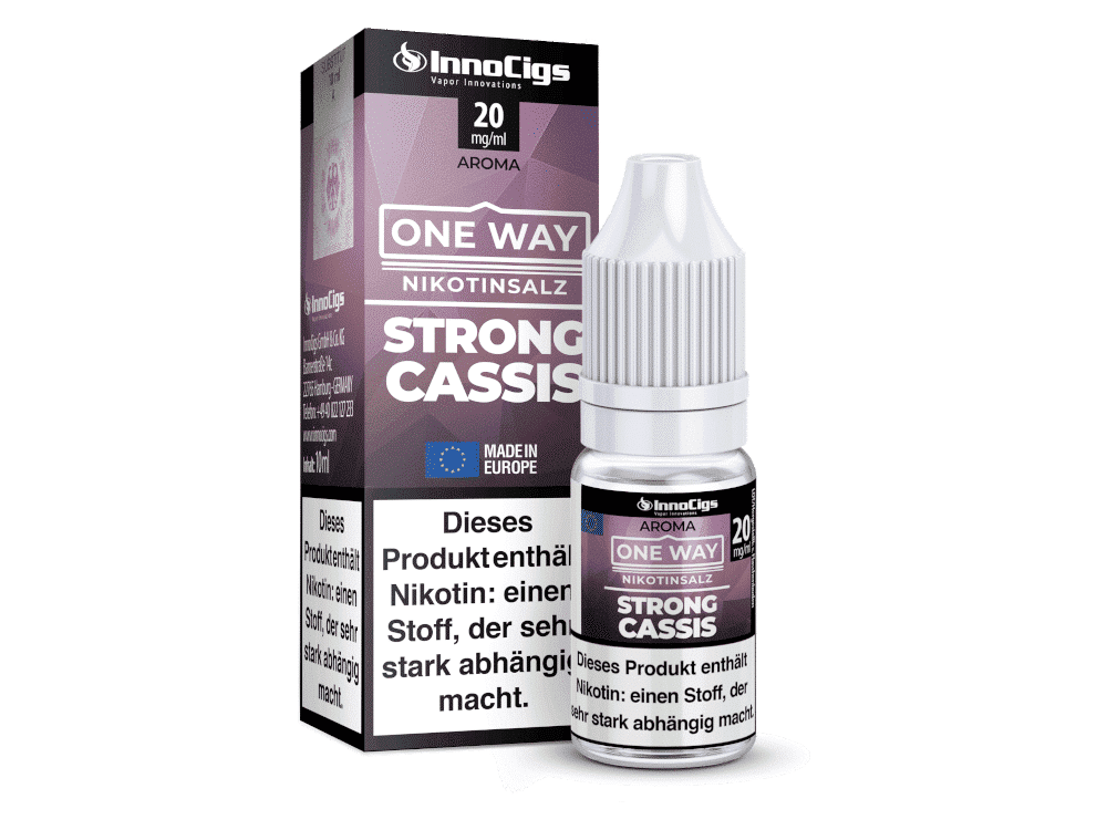 InnoCigs - One Way - Strong Cassis - Nikotinsalz Liquid 1 Flasche und Verpackung des InnoCigs Strong Cassis Nikotinsalzes, E-Liquid für E-Zigaretten, Schwarz und Lila Design, 20 mg/ml, Made in Europe.