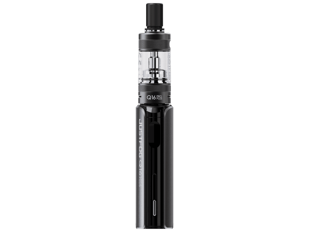JustFog Q16 Pro Plus E-Zigaretten Set 2 H32 Vape Elektronikzigarette mit klaren Tank und schwarzem Design, tragbar für unterwegs.
