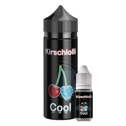 Kirschlolli Cool Liquid in großem Fläschchen und kleinerer Probierflasche, erfrischender Kirschgeschmack, perfekt für E-Zigaretten, beliebtes Dampfer-Produkt, süßer Fruchtmix, Flavour, Vaping, E-Liquid, Sommerlicher Geschmack.