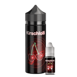 Aromenflasche mit Kirschlogo, passend für E-Zigaretten, mit dunklem Design und Cherrymotiv.
