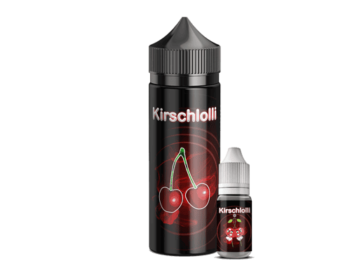 Aromenflasche mit Kirschlogo, passend für E-Zigaretten, mit dunklem Design und Cherrymotiv.