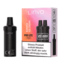 Schwarzer Linvo Banane Eiscreme Pod mit Nikotininhalt, ideal für E-Zigaretten, 20mg/ml Nikotin, maximale Züge 600.