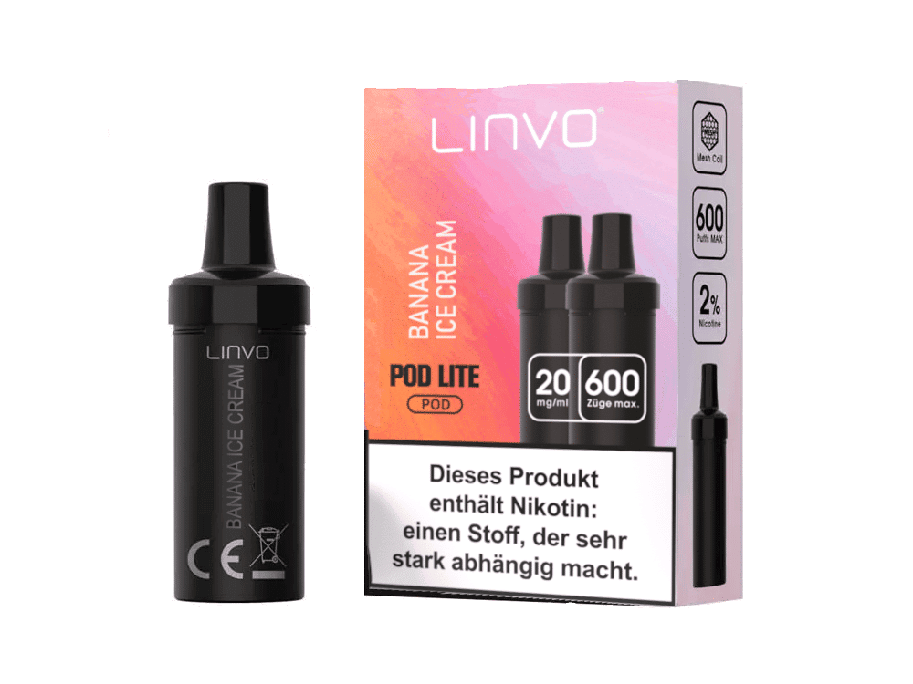 Schwarzer Linvo Banane Eiscreme Pod mit Nikotininhalt, ideal für E-Zigaretten, 20mg/ml Nikotin, maximale Züge 600.
