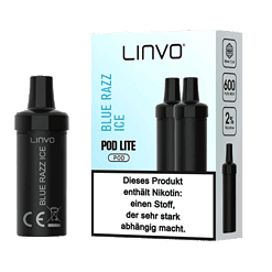 Blick auf das LINOVape Pod Lite mit blauer Verpackung und schwarzem Gerät.
