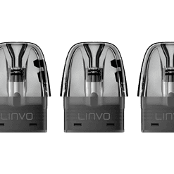 Drei transparente LINVO-Vape-Pods mit schwarzem Boden auf grauem Hintergrund.