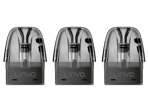 Drei transparente LINVO-Vape-Pods mit schwarzem Boden auf grauem Hintergrund.