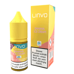 Leere Flasche und Verpackung für LINO Banana Ice Cream Liquid, E-Zigarette Aroma, 20 mg/ml, in gelber und pinker Verpackung, geeignet für Dampfer und Liquids.