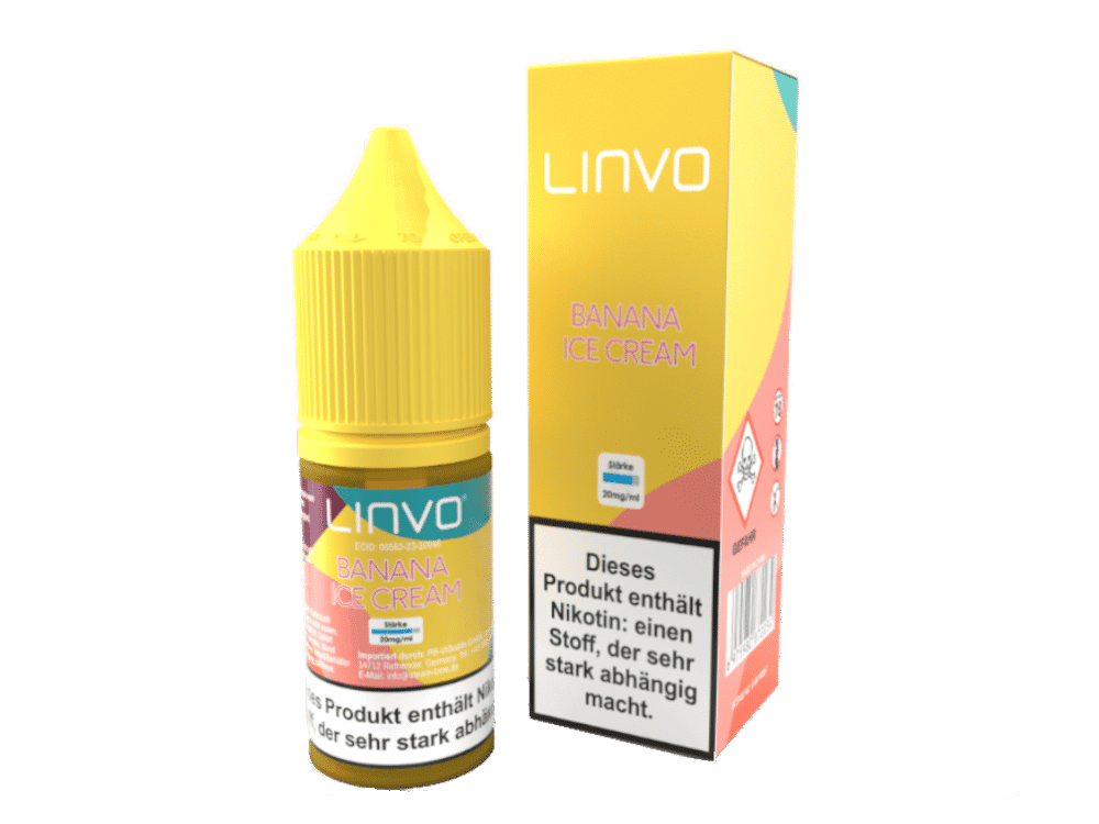 Linvo - Banana Ice Cream - Nikotinsalz Liquid 1 Leere Flasche und Verpackung für LINO Banana Ice Cream Liquid, E-Zigarette Aroma, 20 mg/ml, in gelber und pinker Verpackung, geeignet für Dampfer und Liquids.