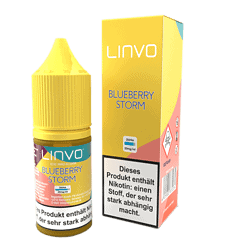 Leitbild blauer E-Liquid Flasche mit Verpackung, BLUEBERRY STORM Geschmack, für E-Zigaretten, Nikotinfrei, starke Nikotinwirkung, aromatischer Beeren-Geschmack, ideal für Dampfer, hochwertiges Vape-Produkt.