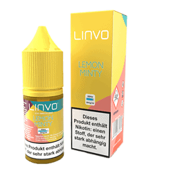 Flasche mit lemon minty nikotinsalz liquid und verpackung, in gelber farbe.