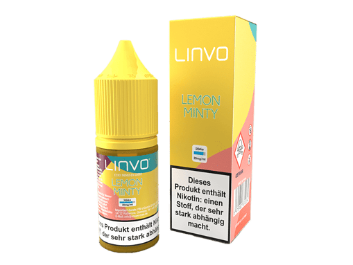 Flasche mit lemon minty nikotinsalz liquid und verpackung, in gelber farbe.