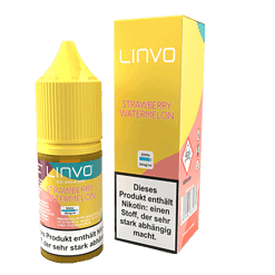 Vape Liquid Flasche und Verpackung mit Erdbeer-Wassermelonen-Geschmack, in gelber Flasche und bunt gestaltetem Karton.