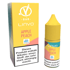 Alt: Linvo Apple Peach E-Liquid in Gel-Tank Flasche und Verpackung, 20mg/ml Nikotinstärke, für E-Zigaretten und Vaporizers, fruchtiger Geschmack.