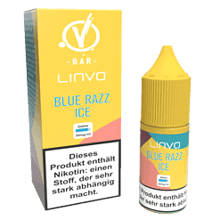 Lernbarer Liquidschnellspender für den Geschmack Blue Razz Ice, im gelben Verpackungsdesign, mit Nikotin 20mg/ml in einem Produktset für E-Zigaretten.