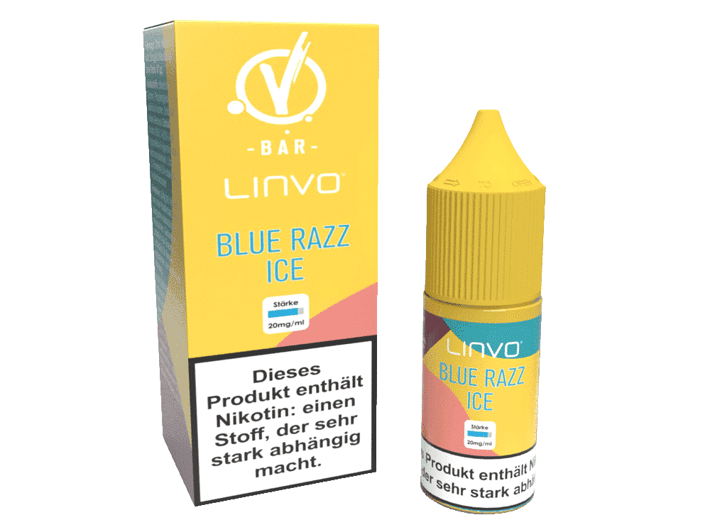 Linvo - Blue Razz Ice - Nikotinsalz Liquid 1 Lernbarer Liquidschnellspender für den Geschmack Blue Razz Ice, im gelben Verpackungsdesign, mit Nikotin 20mg/ml in einem Produktset für E-Zigaretten.