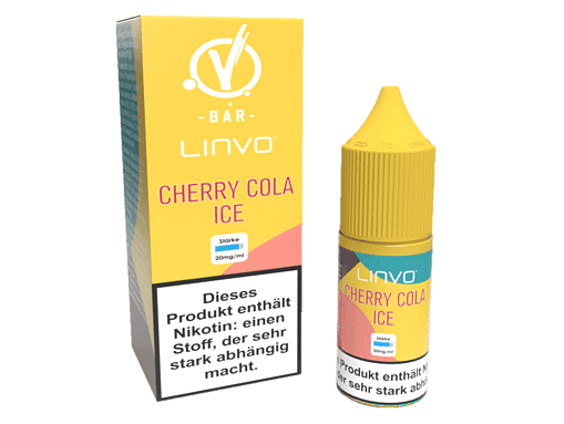 Vape-Liquid Cherry Cola Ice in Flasche und Verpackung, süßes Erdbeer-Kirsch-Geschmack, Nikotingehalt 20 mg/ml.