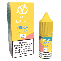 Energie Drink Flasche und Verpackung im gelben Design, mit Hinweis auf Nikotin und Stärke 20mg/ml.