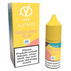 Mango Apfel Birne Liquid mit Nikotinstärke 20mg/ml, in gelber Verpackung.