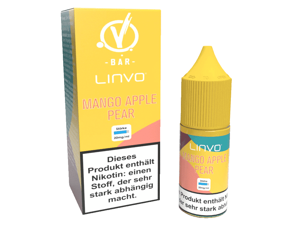 Linvo - Mango Apple Pear - Nikotinsalz Liquid 1 Mango Apfel Birne Liquid mit Nikotinstärke 20mg/ml, in gelber Verpackung.