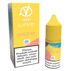 E-Zigaretten Liquid Mango Ice in Flasche und Verpackung, 20mg/ml Nikotin, erfrischender Fruchtgeschmack mit Minznoten, perfekt für Vaping, bei LETZ Go erhältlich.