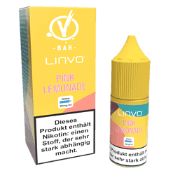 Gelb, pink und blaue Verpackung des Livvo Pink Lemonade Nikotintanks, E-Zigarettenzubehör, mit Warnhinweis auf Nikotinabhängigkeit.