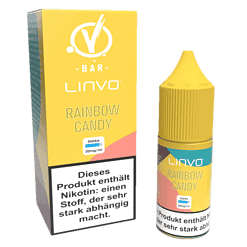 Yellow box with "LINVO RAINBOW CANDY" and product packaging of e-liquid bottle for vaping.
