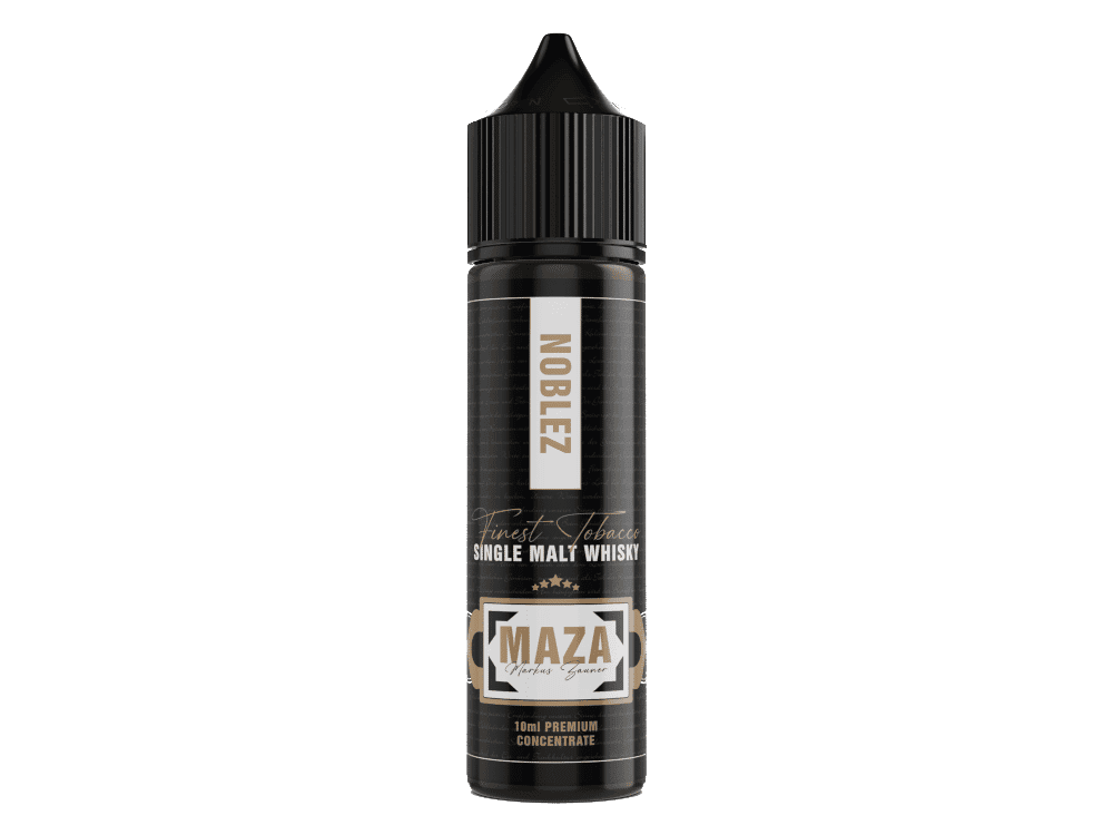 MaZa Finest Tobacco Noblez 1 Hintergrundbild für E-Liquid mit Whisky-Geschmack in einer schwarzen Flasche. Ideal für Raucher, die den Geschmack von Whiskey in ihrer E-Zigarette erleben möchten. Hochwertiges Aroma-Produkt für Dampfer.