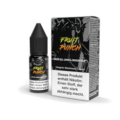 Aroma- und Nikotinsalz-Flüssigkeit in Flasche und Packung, "Fruit Punch" Geschmack, für E-Zigaretten, mit grünem Tee, Zitrone und Drachenfrucht, in schwarzem Design.