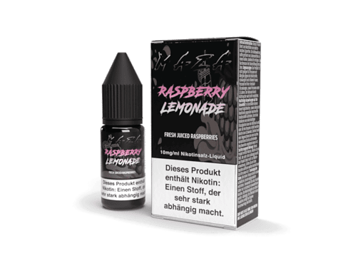 Aromatisierter Nikotin-Liquid Raspberry Lemonade in Tropfflasche und Verpackung für E-Zigaretten.