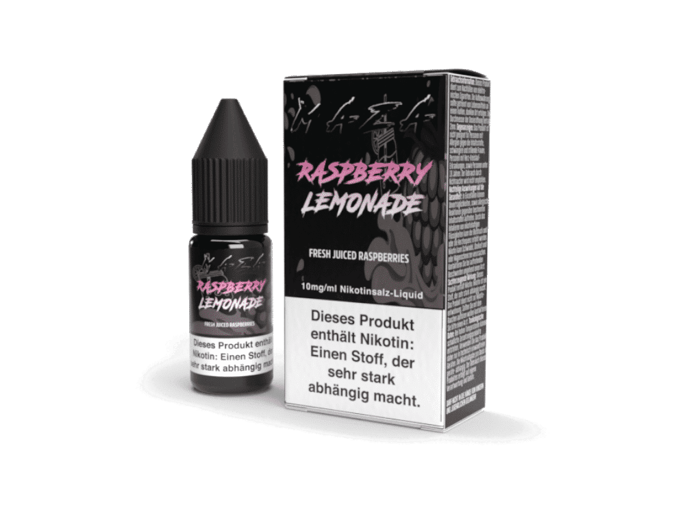 MaZa - Raspberry Lemonade - Nikotinsalz Liquid 1 Aromatisierter Nikotin-Liquid Raspberry Lemonade in Tropfflasche und Verpackung für E-Zigaretten.