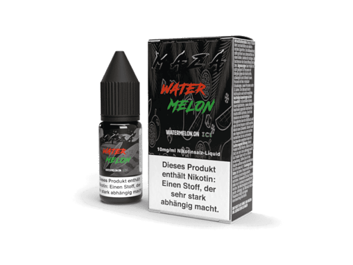 Aromatisierte E-Liquid Flasche und Verpackung für Vaping, Wasser Melone Geschmack, Nikotingehalt 10 mg/ml, für elektronische Zigaretten, in Schwarz mit buntem Label.