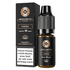 Montreal Castle Nikotin E-Liquid Flasche und Verpackung, 10 mg/ml, mit Tabakextrakt, für E-Zigaretten, dunkles Design, hochwertiges Produkt, für intensive Geschmacksnoten.
