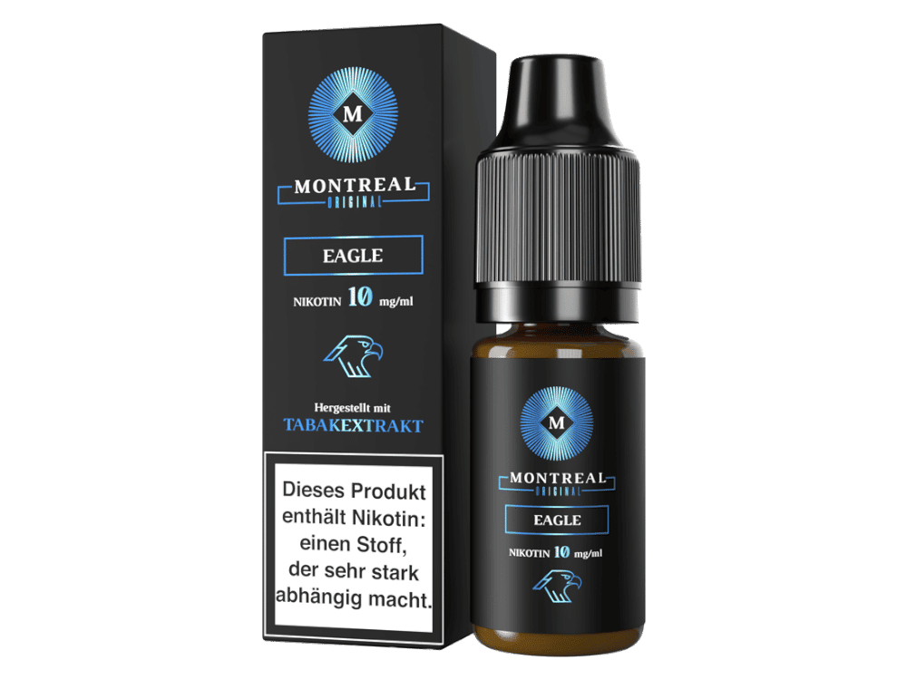 Montreal Original - Eagle - Nikotinsalz Liquid 1 Montreal Original Eagle Nikotin 10 mg/ml, Flasche mit Tabakextrakt, für E-Zigaretten, schwarzes Design, geeignet für Dampfer, hochwertiges E-Liquid, in Dosen verpackt, für intensiven Nikotin-Kick.
