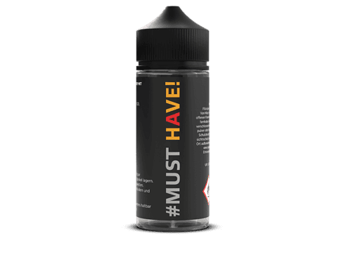 Mästlicher E-Liquid-Flasche mit schwarzem Label, Schriftzug "#MUST HAVE!", in Schwarz und Rot gehalten.