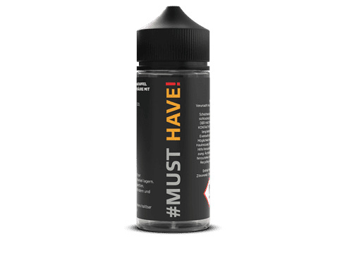 E-Zigaretten Aroma in einem transparenten Fläschchen mit schwarzem Etikett, Text "#MUST HAVE!" und auffälligem Hashtag.