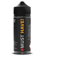 Schwarz-braune Flasche mit schwarzem Deckel, #MUST HAVE! Schriftzug auf Etikett, E-Liquid für E-Zigaretten, Liquid mit Geschmack, Vape-Zubehör.